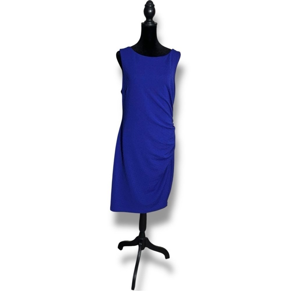 Bisou Bisou Asymmetrical Side Rouching Sleeveless Boat NeckRoyal Blue Mini Dress - Picture 2 of 16